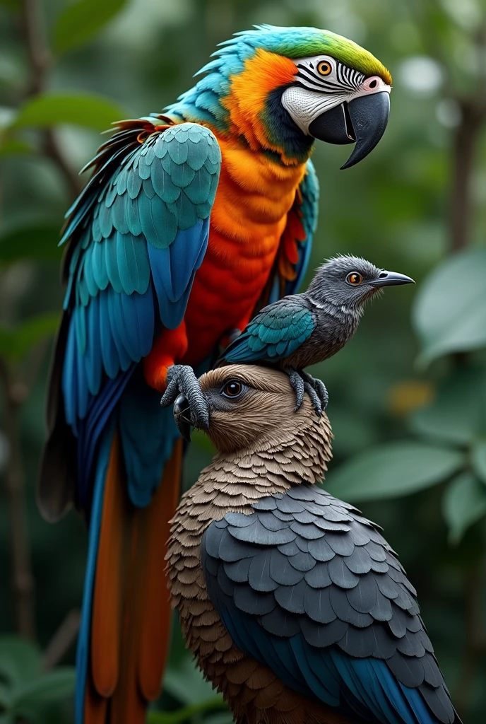A macaw stepping on the head of a nightjar