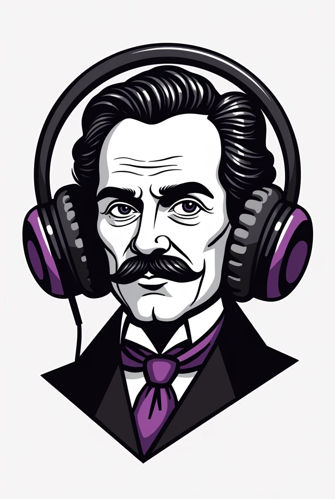 Create a logo for a bluetooth headphones brand with the name (I-Frinch) with a phototoon of the philosopher Friedrich Nietzsche with headphones with only lines, no colors, with black white and purple background