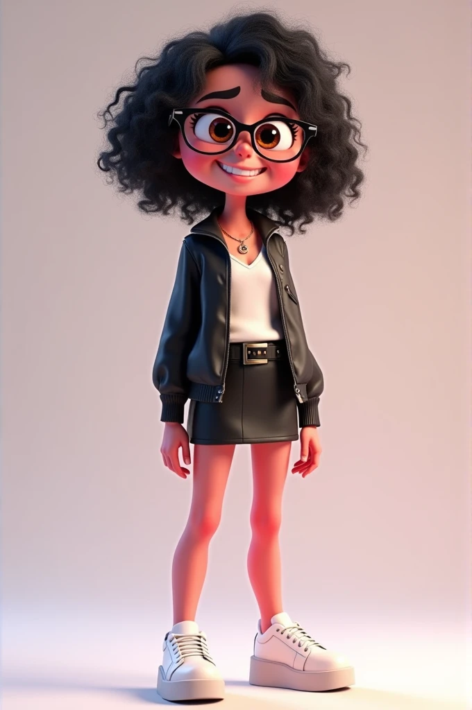 Personagem cartoon 3d de (Female One) from the movie Inside Out Disney Pixar style, with the skin
(Pink), eyeballs (light brown s), body hair (body hair curto preto),
(wearing glasses, white blouse, Black jacke, short leather skirt, white platform shoe). expression of (smiling angrily) in the face