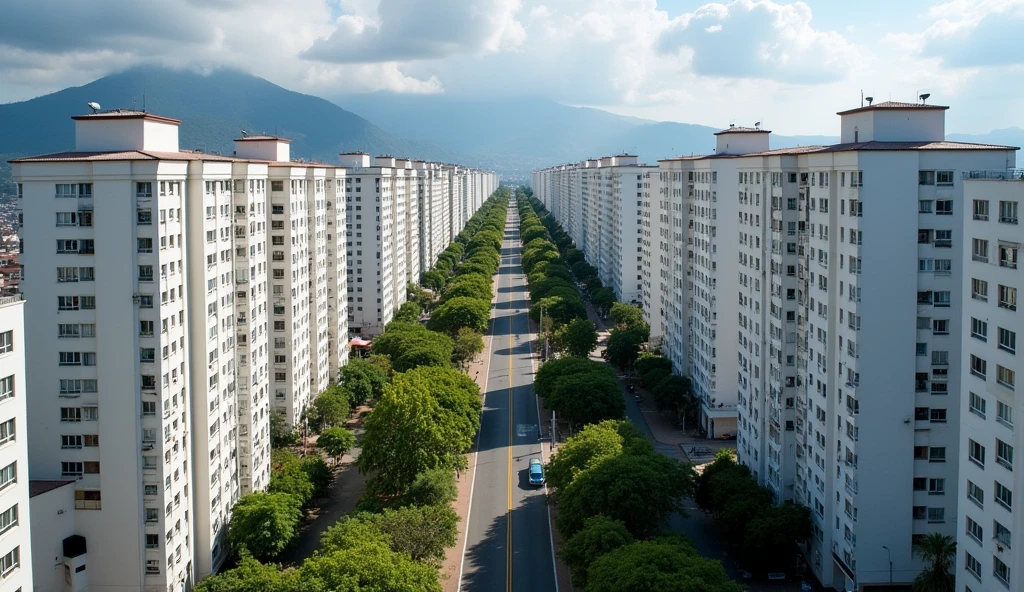 **Description for the image:**

- **vista**: Aerial.
- **FORMAT**: 16:9.
- **Location**: Main avenue of the city of Arequip - **buildings**: Two rows of residential buildings, located on both sides of the avenue. There are 4 buildings on the left side and 4 on the right side..
- **Design of buildings**: Each building has a unique and varied architectural design., all white.
- **Height**: Each building is approximately 120 meters high and has around 28 floors..
Each building has a separation . 
- **Trees and path**: Includes trees along the avenue and on the central path.

--- This description should help generate a detailed aerial image of the avenue with the desired buildings and landscape..