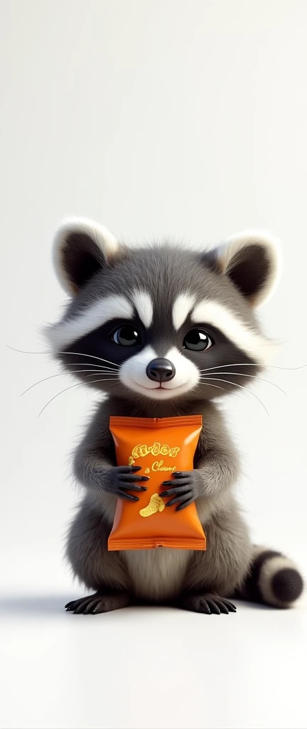 A captivating 3D render of an adorable baby raccoon, sitting on a pristine white background. The raccoon is holding a minimalist CHEETOS snack in its tiny paws, with its wide, curious eyes fixed on the camera. The CHEETOS package is simple and modern, contrasting boldly with the raccoon's soft fur. The overall atmosphere of the image is whimsical and charming, evoking a sense of cuteness and playfulness., 3d render, photo, poster