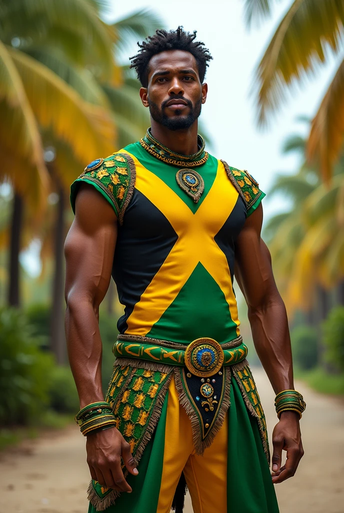 Jamaican inspired costume for men with the colors of the flag and full body