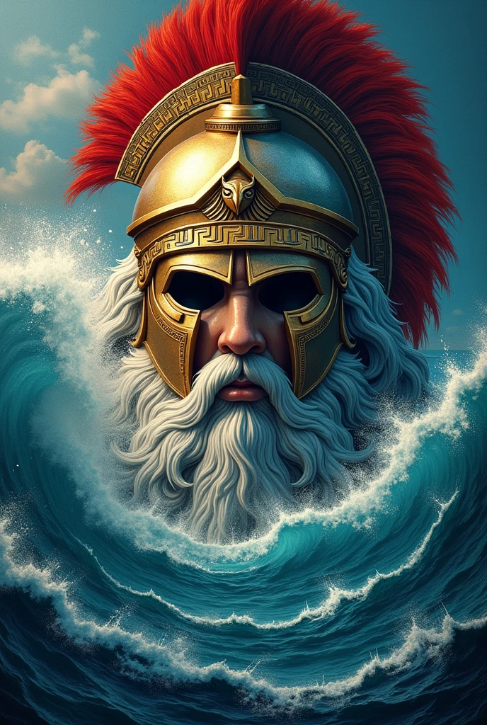 a picture with a shield, Greek warrior helmet or spear representing Athena on one half and a sea representing Poseidon on the other half