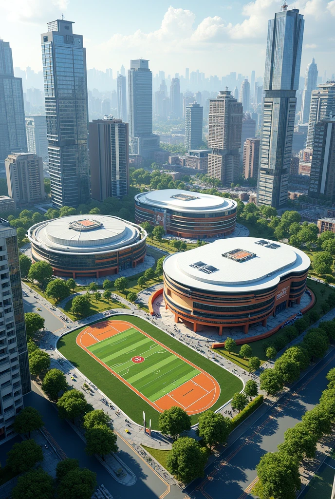 Modern university city. With beautiful and different architectural buildings. A modern football stadium, a modern athletics stadium and a modern indoor stadium. 