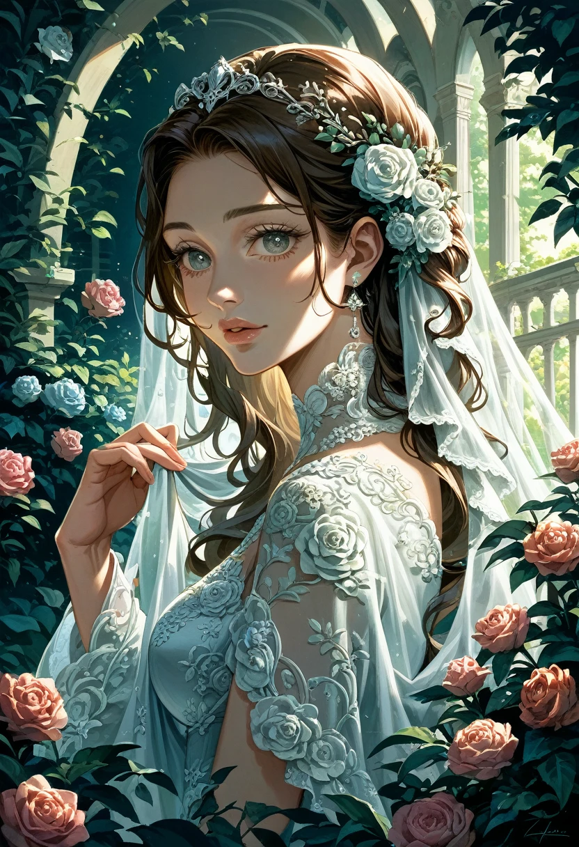 a girl in a garden, 1girl, beautiful detailed eyes, beautiful detailed lips, extremely detailed eyes and face, long eyelashes, elegant, graceful pose, intricate floral dress, lace, delicate, soft lighting, warm color palette, serene, peaceful, photorealistic, 8k, best quality, ultra-detailed, masterpiece