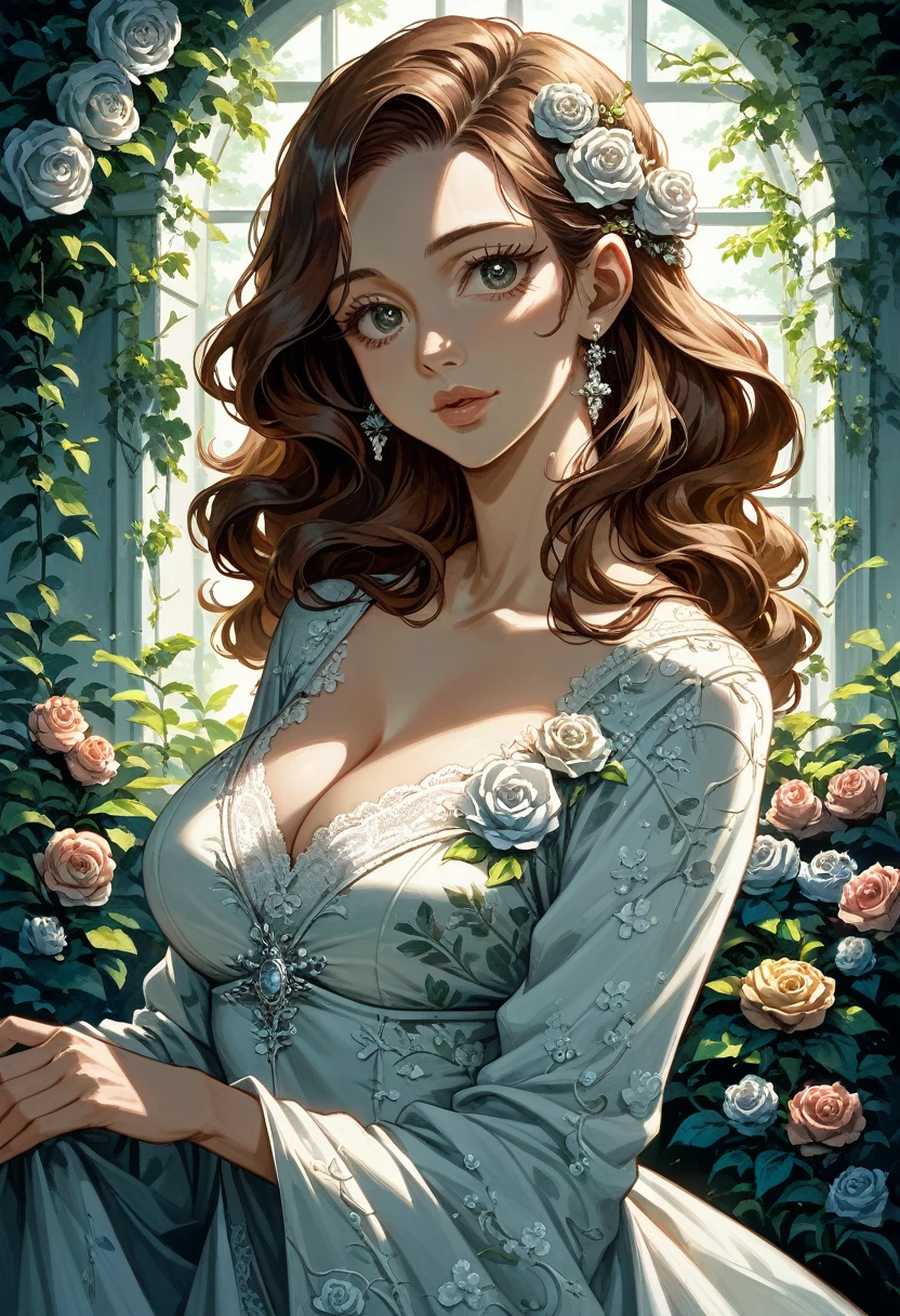 a girl in a garden, 1girl, beautiful detailed eyes, beautiful detailed lips, extremely detailed eyes and face, long eyelashes, elegant, graceful pose, intricate floral dress, lace, delicate, soft lighting, warm color palette, serene, peaceful, photorealistic, 8k, best quality, ultra-detailed, masterpiece