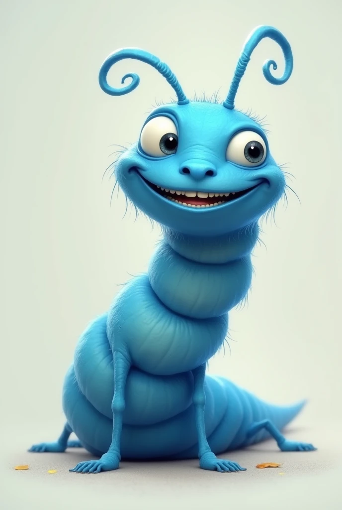 A blue insect laughing, worm, sarcastic smile