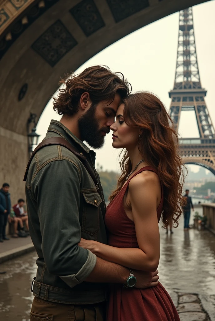 Nice couple, with a brown hair and bearded handsome man and his his beautiful girlfriend with chestnut hair, living like tramps under a bridge in Paris near the Eiffel tower