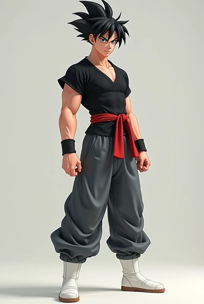 20 year old boy with pale white skin
European features
Good body Wearing a tight black shirt Long sleeves , over it a grey karate suit sleeveless, and red belt,
Black pants and white plain boots
Goku's hair stylized
