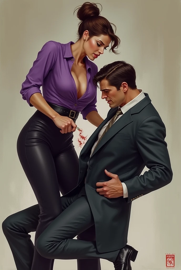 Beautiful Mistress,brown bun hairs, wearing purple boot-cut pants, wearing purple blouse ,wearing black sandals, handsome man, man wearing suit, mistress shouting on man, mistress fighting with man,  mistress beats man, mistress kicking man's face, mistress puts her foot on man's face 