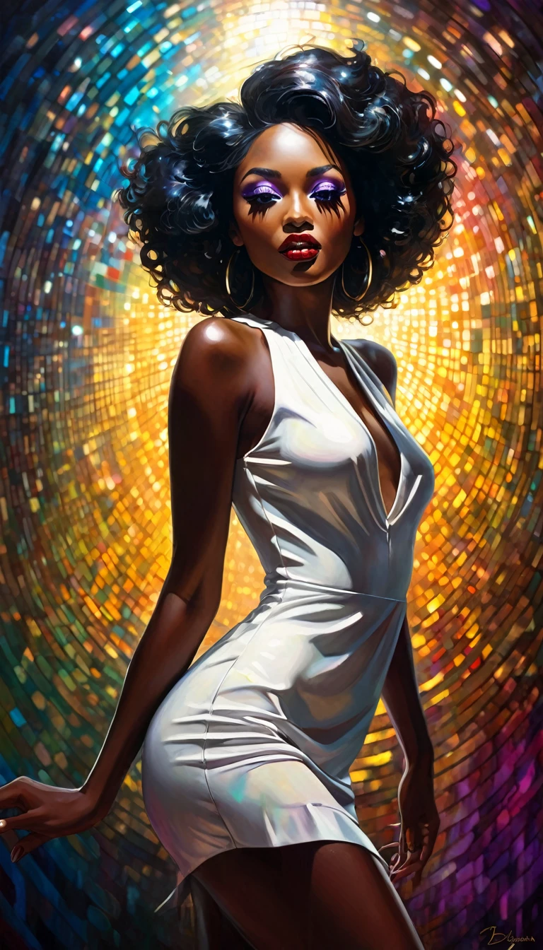very sexy girl, tight dress, black skin, at the disco, dances, has fun, eroticism, sexy, (best quality, 4k, 8k, high resolution, masterpiece: 1.2), ultra-detailed, (realistic, photorealistic, photorealistic: 1.37), details intricate, vivid colors, sharp focus, professional, Dave McKean artwork, surrealism oil touch, oil painting style, portrait, woman, beautiful detailed eyes, beautiful detailed lips, dreamy atmosphere, shadow play, lighting soft, fun pose, dark tones, ethereal background, fantasy elements, texture, layered composition, disco background, , art inspired by Bill Sienkiewicz and Dave McKean
