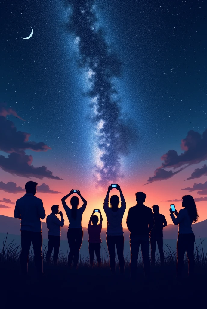 A group of people against a starry sky, each holding up smartphones to capture the view. The night sky features a vibrant Milky Way stretching across the center, with a crescent moon visible in the upper portion. The horizon is painted in soft hues of orange and purple, indicating sunset. The individuals, mostly facing away, are diverse in appearance, focusing on the celestial display above them.