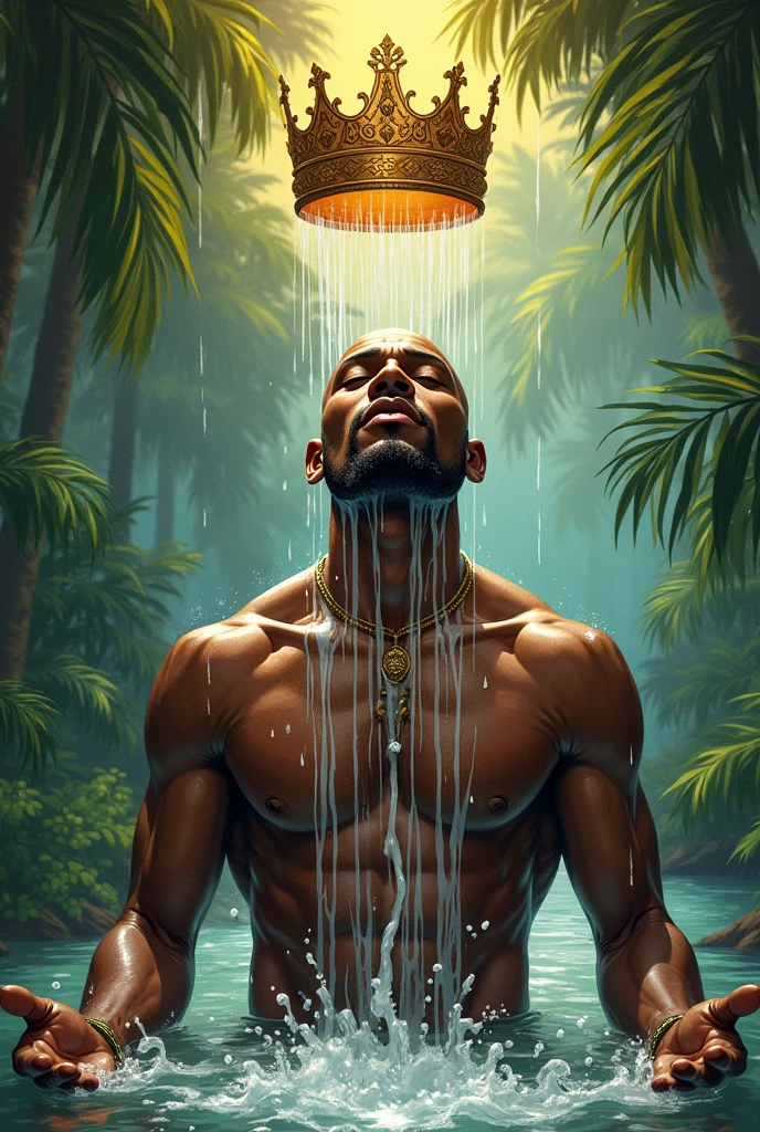 illustration of a bald African man practicing Candomblé, with coconut water falling on his head, Floating Crown