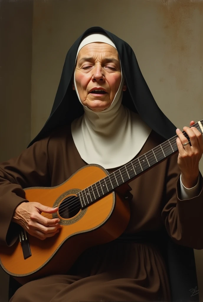 Saint Therese of the Child Jesus With a brown habit, advanced in age, singing with a guitar