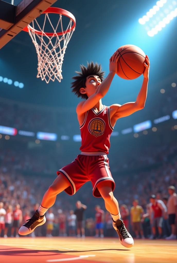 A 3D Disney Pixar-style animation image showing a basketball player in a game about to shoot, dark hair, greek male