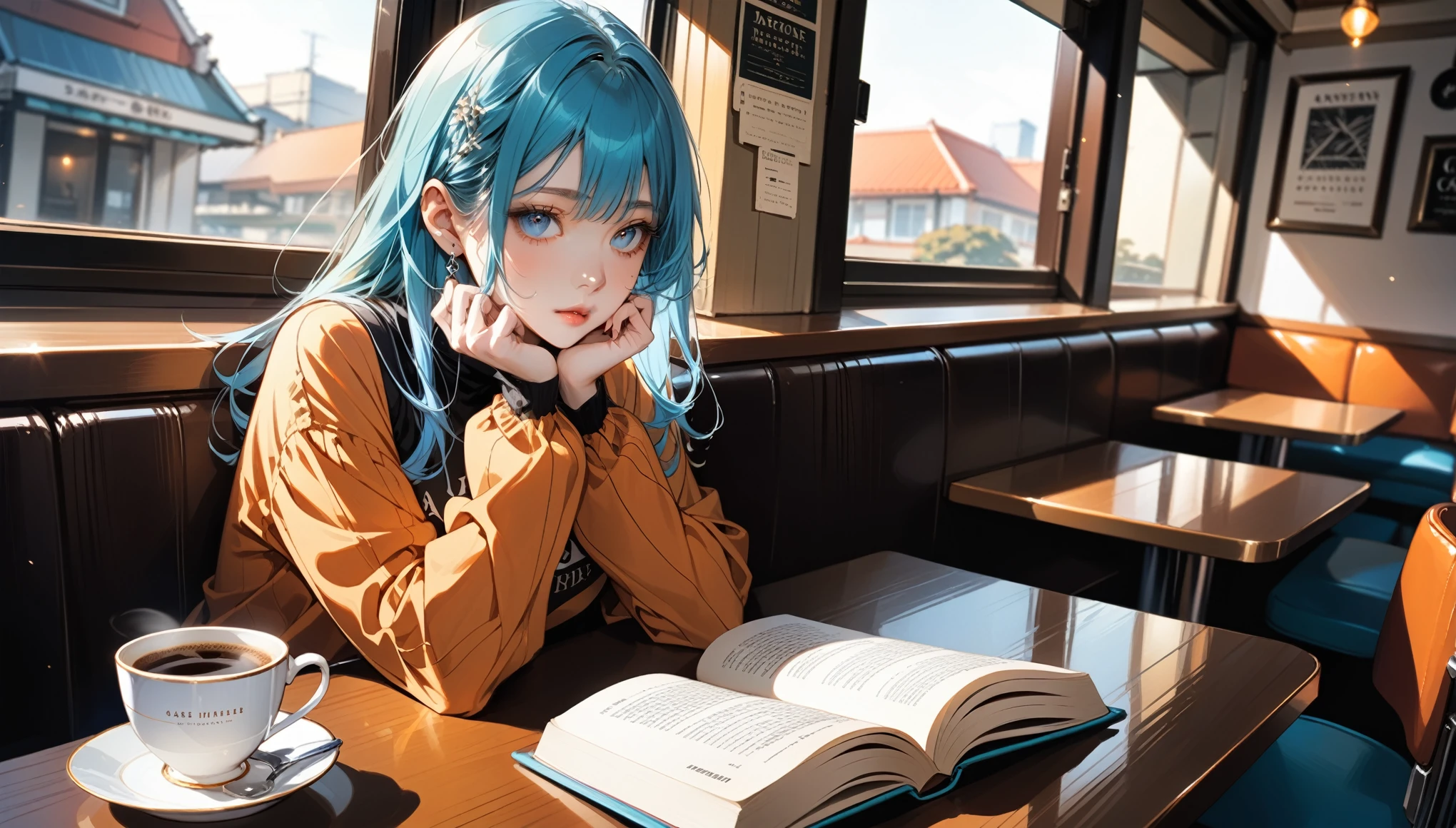 ネオンアート,anime, realistic, sketch, one person, album artwork, lips, morning café, sitting, desk, drinking coffee while reading a book, gaze focused on the book, (masterpiece, highest quality), orange and marine blue hair, simple long-sleeved clothes, delicate eyes, slanted eyes, gaze focused on the book, (masterpiece, highest quality),オレンジとマリンブルーメッシュが入った髪の色