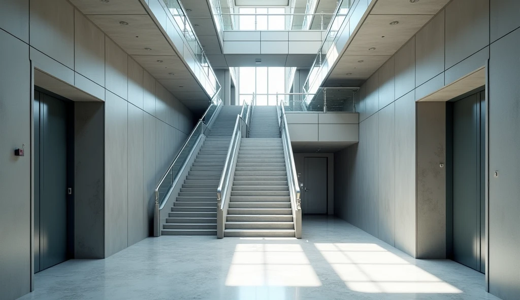 A corridor in a modern building with a staircase leading up, a ladder to descend, an elevator, a door on the right, a door on the left 