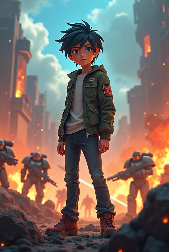 An anime guy stands in full growth in the middle of the battlefield with a frightened face, behind him is a battlefield from Warhammer 40,000. Space Marines in armor against orcs. 3D pixar style