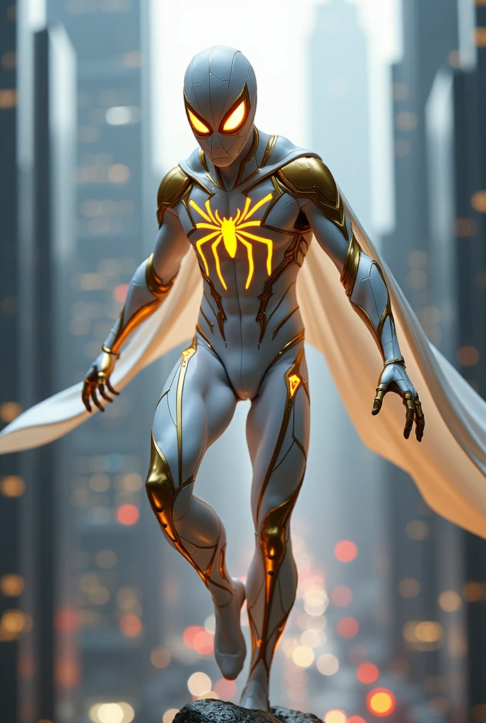 A Spider-Man with a white uniform and gold details and eyes with flames of fire