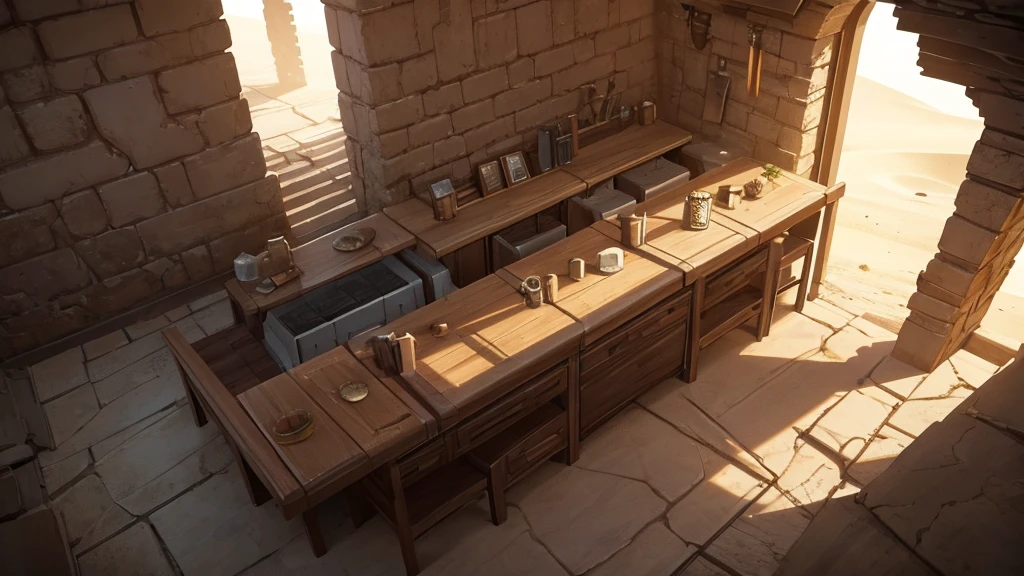 Tabletop seen from above: Make the inside of a dungeon. desert, sand tones, seco, arid. futurist. Scifi