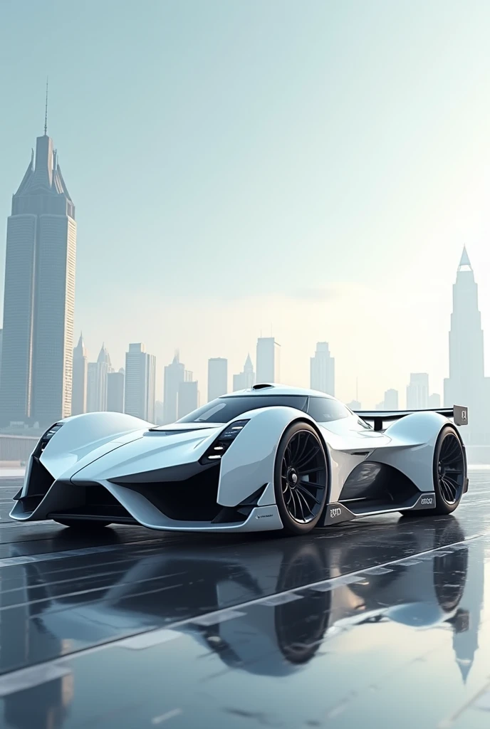 (top-quality、Realisticity)、masutepiece、8k picture、Bolides、racing car、The car of the future、((The racing car of the future))、Full Cowl Cyber Formula、(Futuristic cities)、Ultra-streamlined、6-wheel tires、pure white all over、19 inch wheels、Left and right jet engines、(Long body) 、(Wide Body)、Ｆ1、Pointed design、flat image、Large rear wing、ciber shaped like a le mans car with almost 0 ground clearance and large wheel covers and sidepods side view