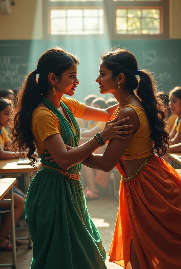 A wrestling fight between 2 Indian girls at school . In skirts. With anger in face. In school playground. Other students cheering them. Rolling in ground still fighting