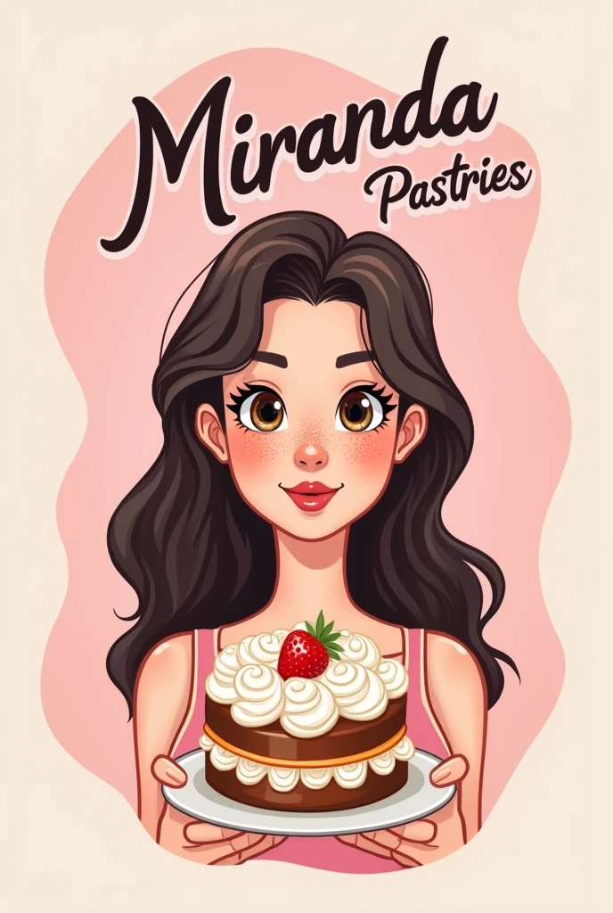 Create a company logo that says Miranda Pastries with a small drawing of a white-skinned woman with black hair and freckles and who has a cake in her hand on her face and that is related to pastry with pink colors.