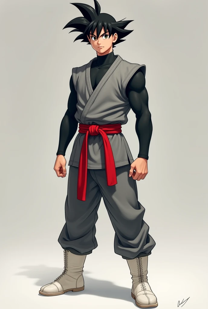 20 year old boy with pale white skin 
European features
Good body Wearing a tight black shirt Long sleeves , over it a grey karate suit sleeveless, and red belt,
Black pants and white plain boots 
Goku's hair stylized
Realistic style 


