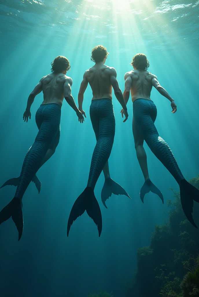 Young shirtless mermen with shark tails in the sea