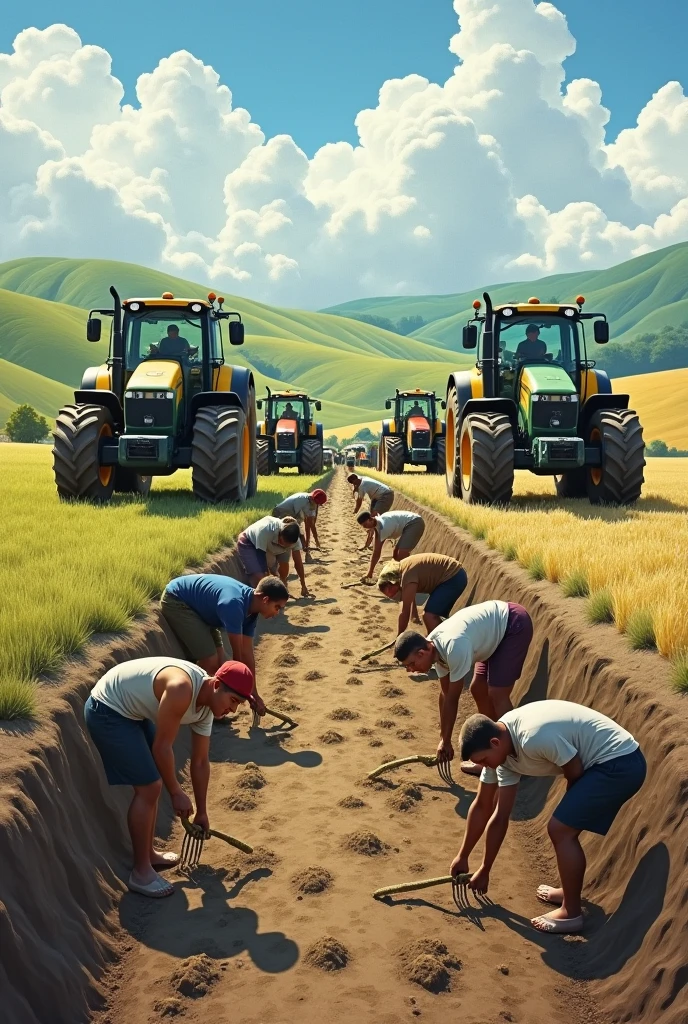 Make a drawing of people working with tractors on one side and the opposite side with workers working with hoe without tractors. I want half on one side and the other with the other.