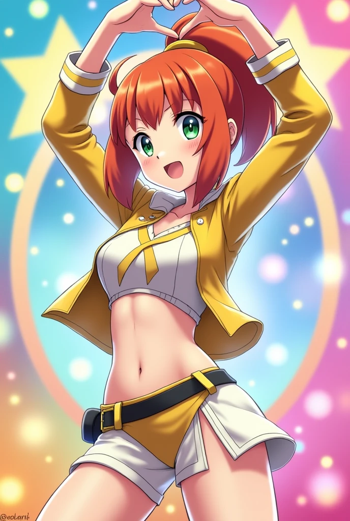 Draw Misty from Pokémon in anime version as a pop star dancing with a microphone in her hand, green eyes and a radiant smile, surrounded by a background with pastel colors. Her hair is short orange tied into a ponytail ,Her bangs are divine in three parts.
Let your clothes be white with yellow.
Make a heart with your fingers .
Draw Pokemon as a frame