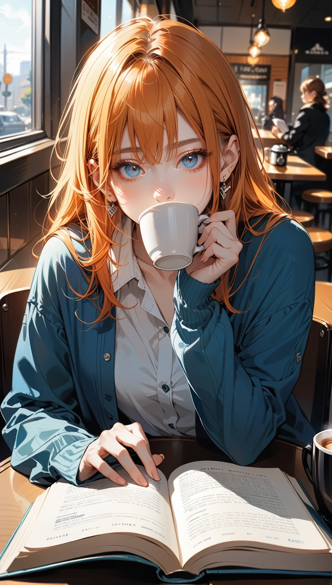 Illustrator, anime, realistic, sketch, one person, album artwork, lips, morning café, sitting, desk, drinking coffee while reading a book, gaze focused on the book, left hand holding coffee, (masterpiece, highest quality), orange and marine blue hair, simple long-sleeved clothes, delicate eyes, slanted eyes, gaze focused on the book, (masterpiece, highest quality)