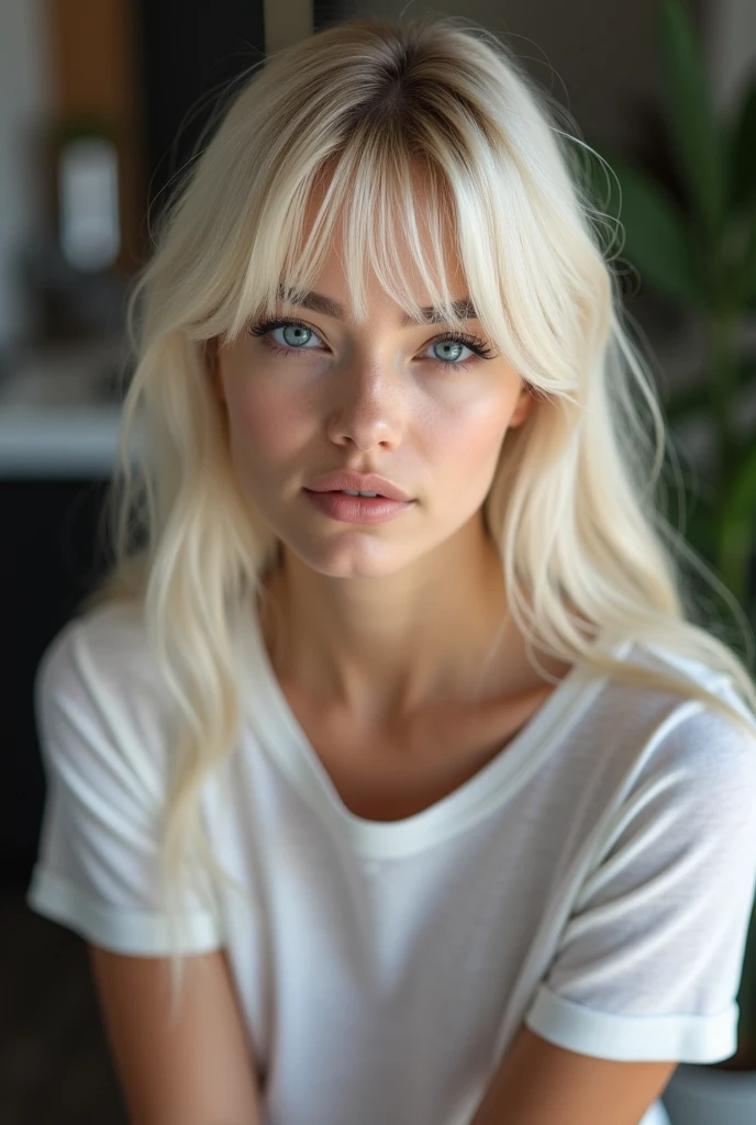 une beauté inégalée, peau brillante, ferme et brillante, frange entre les yeux, brillant droit belle blonde platine, Cheveux soyeux super longs et raides, eye-liner, Sexy belle innocente de , haute définition, grands, beaux, beaux yeux bleus brillants, belle et charmante fille, visage de bébé, Chemise à manches courtes