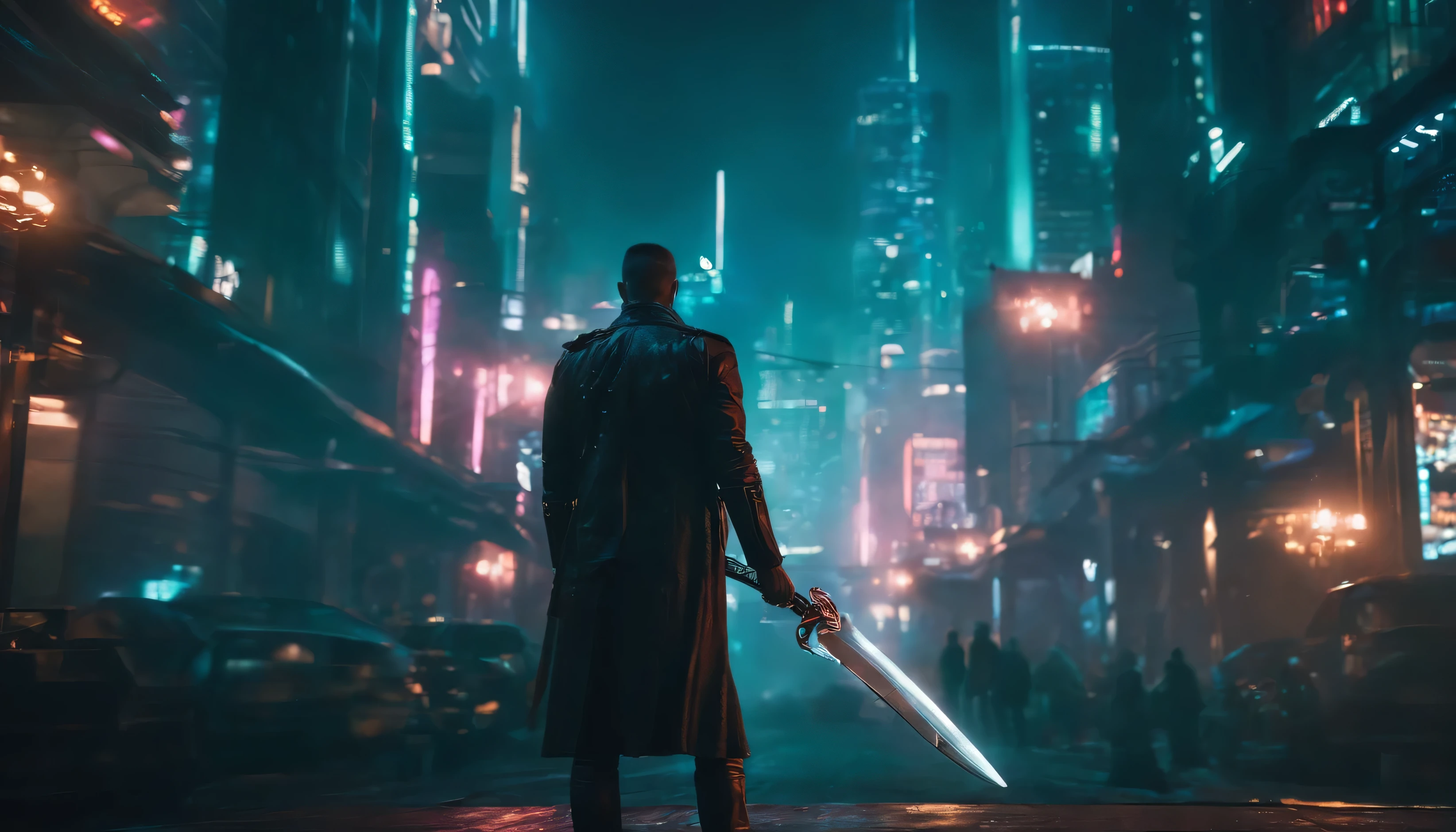 cyberpunk image of nightcity with lots of lights and man showings his back holding blade. Make him badass