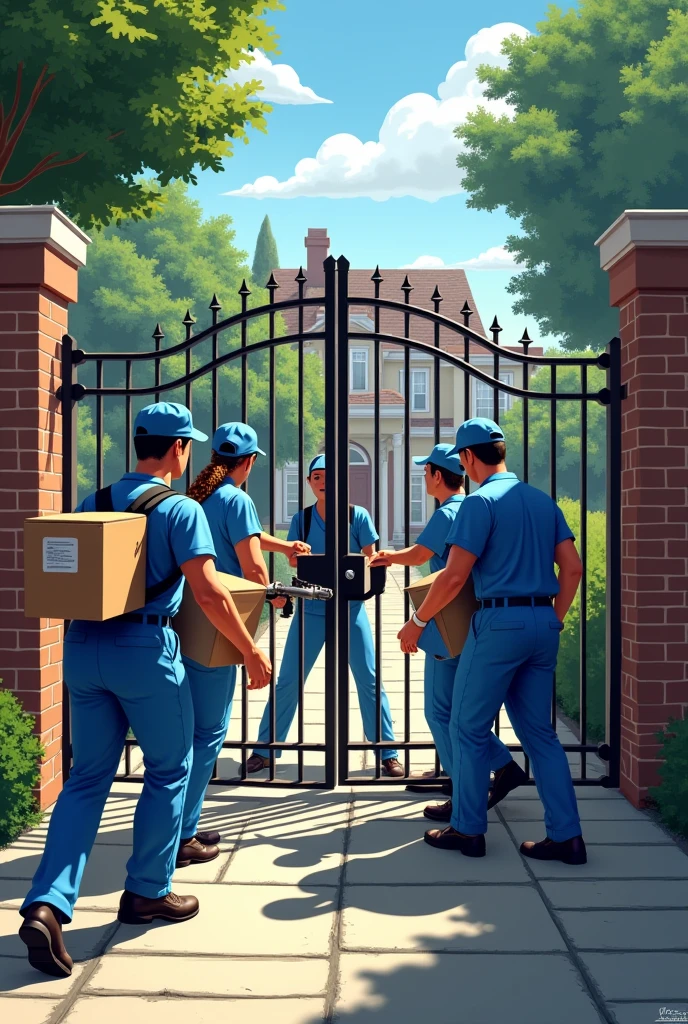 Create an image where there are delivery men and nurses breaking down a client's gate.