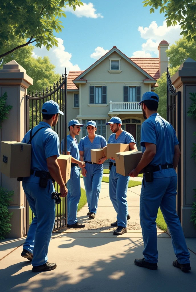 Create an image where there are delivery men and nurses breaking down a client's gate.