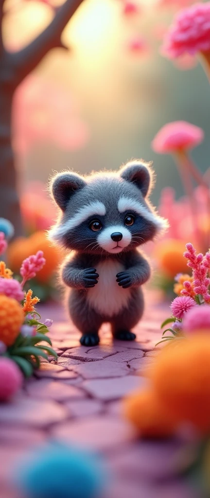 3d isometric view of cute chibi needle felting sneaking captivating photograph of a cute extra fluffy baby realistic raccoon, very colorful bright candy colors., vibrant