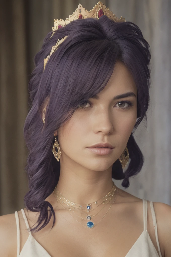 Purple hair, very detailed, 40 years old, predatory, purple eyes, high-res, masterpiece, best quality, intricate details, highly detailed, sharp focus, detailed skin, realistic skin texture, texture, see all body, detailed eyes, professional, shot on Canon, 85mm, shallow depth of field, Kodak vision colour, perfect fit body, extremely detailed, photo_\(ultra\), photorealistic, realistic, post-processing, max detail, roughness, real life, ultra-realistic, photorealism, photography, 8k UHD, photography (film grain), atmospheric dark lighting, wide shot masterpiece, best quality, highly detailed, 8K RAW photo, bokeh, danmachiishtar, makeup, tiara, revealing clothes, skirt, jewelry, earrings, necklace, bracelet, cleavage, tan skin, contrapposto, cowboy shot