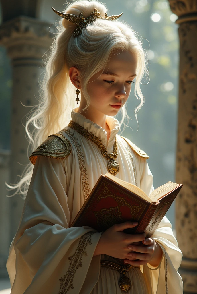 Fais moi un personnage légendaire d'apparence jeune, pouvant manier toutes les langues, avec une apparence chevaleresque et savante tenant un livre dans la main