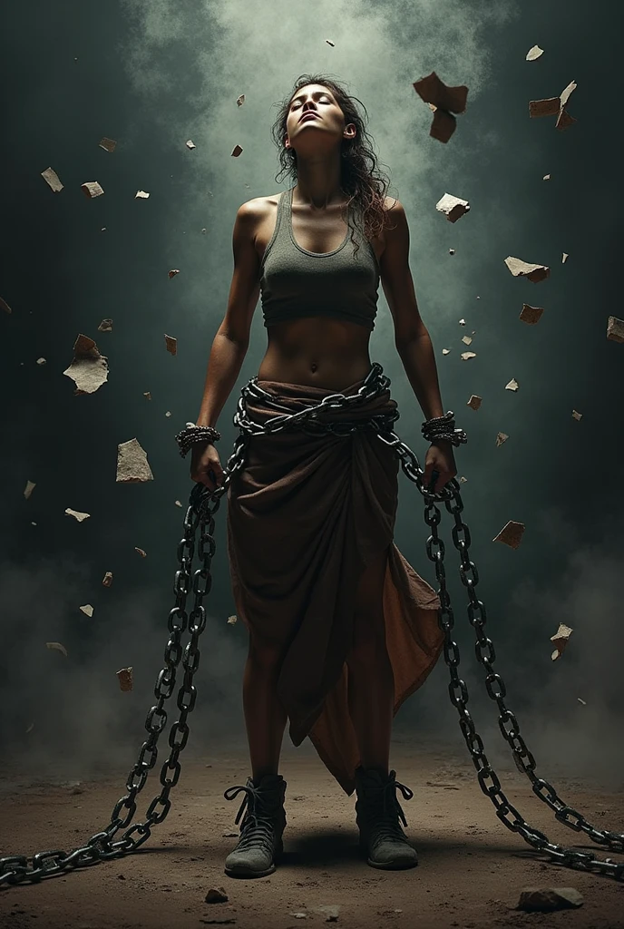 "Create a striking image of a person liberating themselves by breaking free from chains. The individual should be depicted with a determined and triumphant expression, actively shattering or tearing apart heavy chains that are bound around their wrists or ankles. The setting should be dramatic and dynamic, such as a dark, tumultuous background with contrasting light to emphasize the moment of liberation. The broken chains should be shown in mid-air, with pieces flying away, symbolizing the release from oppression or bondage. Use intense lighting and bold contrasts to highlight the power and emotion of the act, capturing the essence of freedom and empowerment."




























































