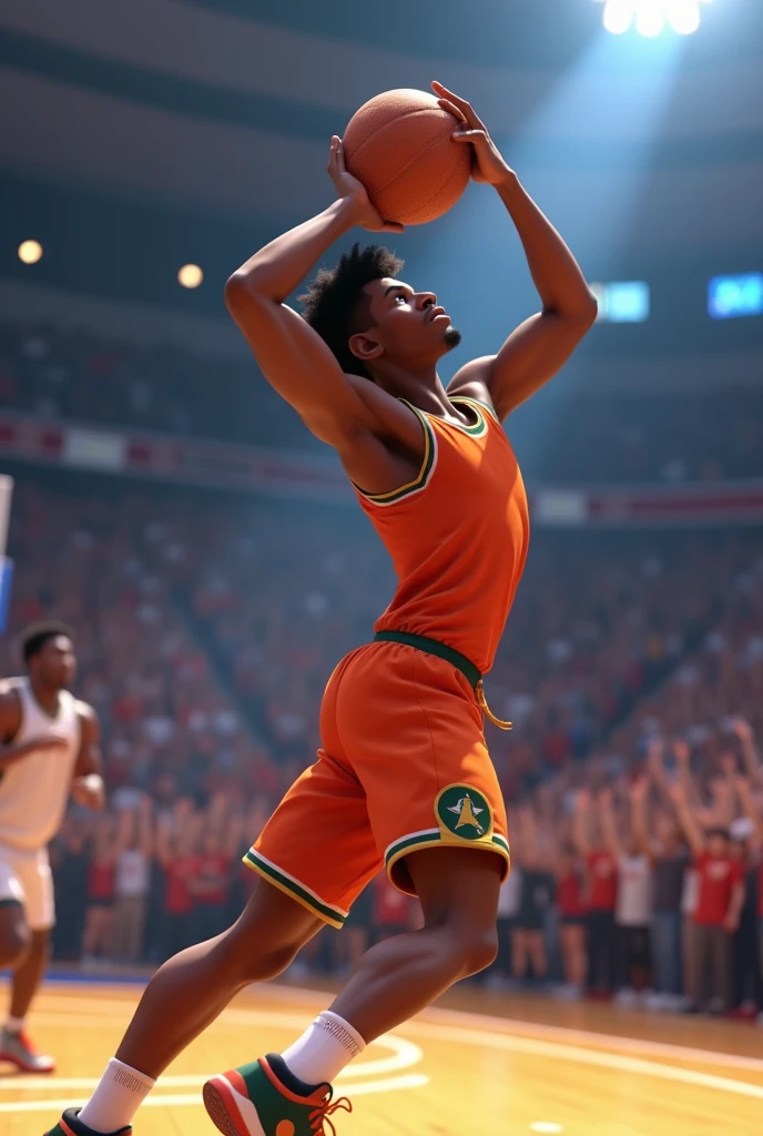 A 3D Disney Pixar-style animation image showing a basketball player in a game about to shoot, dark hair, african male