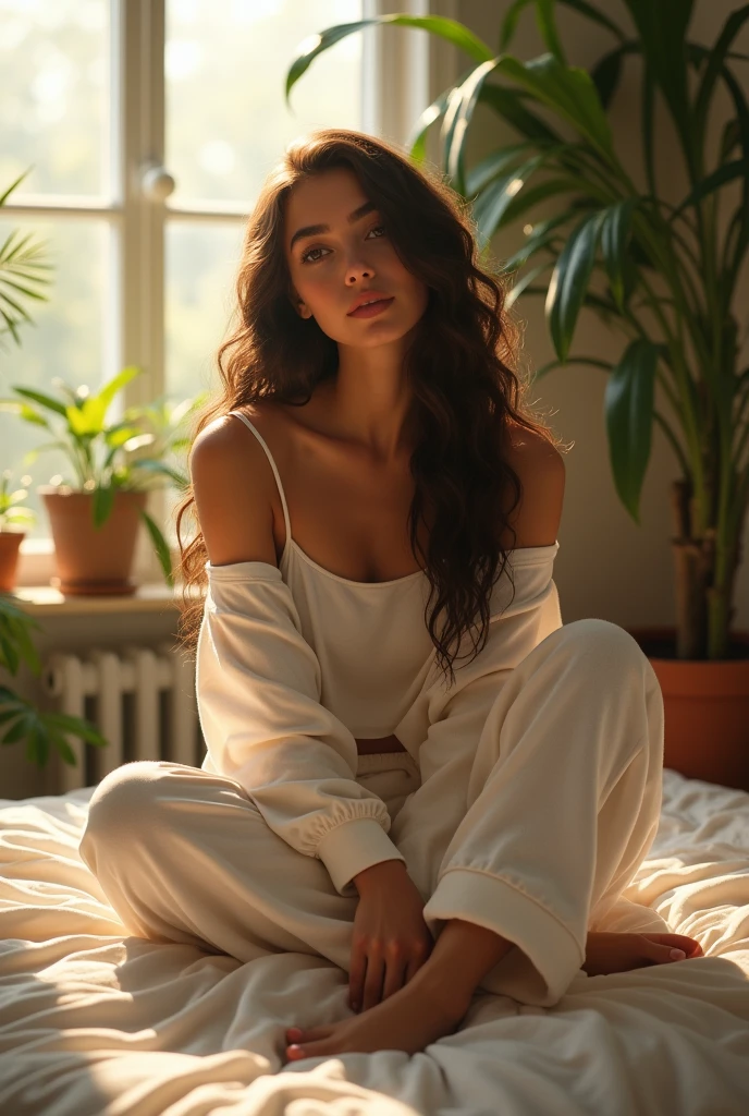 (photorealism:1.2), beautiful woman, sitting on bed, wearing loose off-shoulder top, pajama pants, long curly hair, indoors, soft lighting, plants in background, window with sunlight, cozy room, relaxed pose, realistic, intricate details, warm colors, by Greg Rutkowski, by Alphonse Mucha