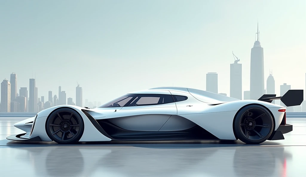 (top-quality、Realisticity)、masutepiece、8k picture、Bolides、racing car、The car of the future、((The racing car of the future))、Full Cowl Cyber Formula、(Futuristic cities)、Ultra-streamlined、6-wheel tires、pure white all over、19 inch wheels、Left and right jet engines、(Long body) 、(Wide Body)、F1、Pointed design、flat image、Large rear wing、ciber shaped like a le mans car with almost 0 ground clearance and large wheel covers and sidepods side view