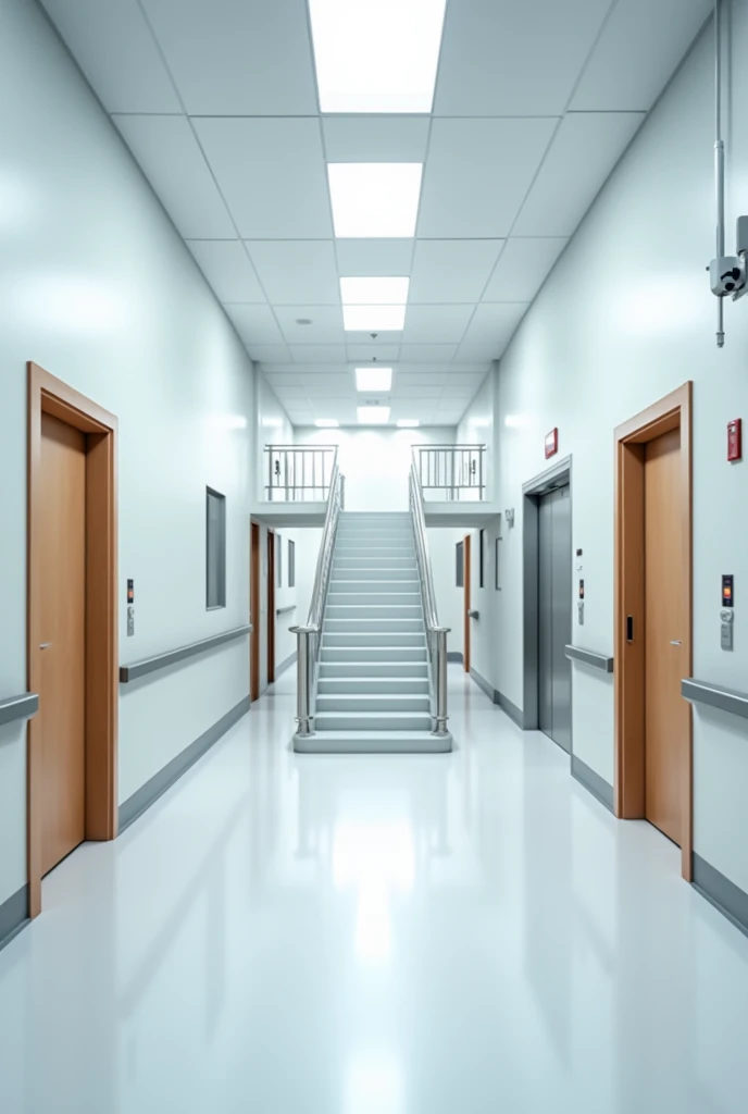 A corridor in a modern hospital building with a staircase leading up, a ladder to descend, an elevator, a wooden door on the right, a wooden door on the left
