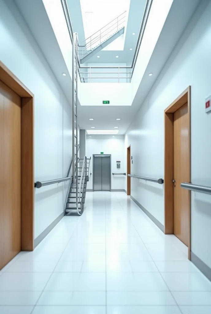 A corridor in a modern hospital building with a staircase leading up, a ladder to descend, an elevator, a wooden door on the right, a wooden door on the left