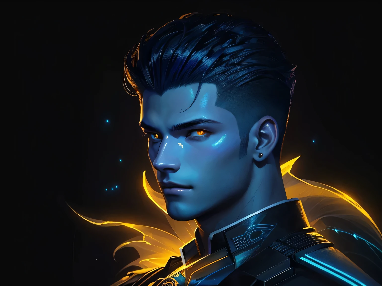 25 year old guy face, handsome, tropical latino skin, black graduation haircut with high fade sides, bioluminescent effect.
a close up of a person with a bird on his shoulder, handsome guy in demon slayer art, with glowing yellow eyes, with glowing eyes, glowing blue face, Charlie Bowater art style, in bowater art style, neoartcore and charlie bowater, artwork in guweiz style, with glowing blue lights, charlie bowater style. hd