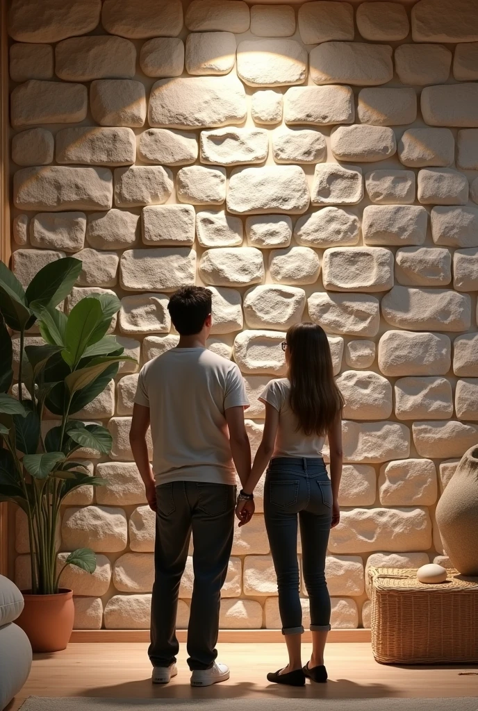 Create a faux stone patterned wall, Around place two adults who look at the wall and are happy because of how beautiful it looks,  the image to make it realistic as if they were in the house.