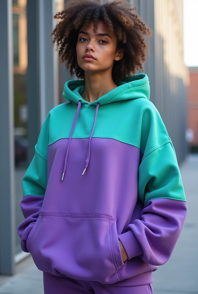 Purple sweatshirt with aqua green hood
