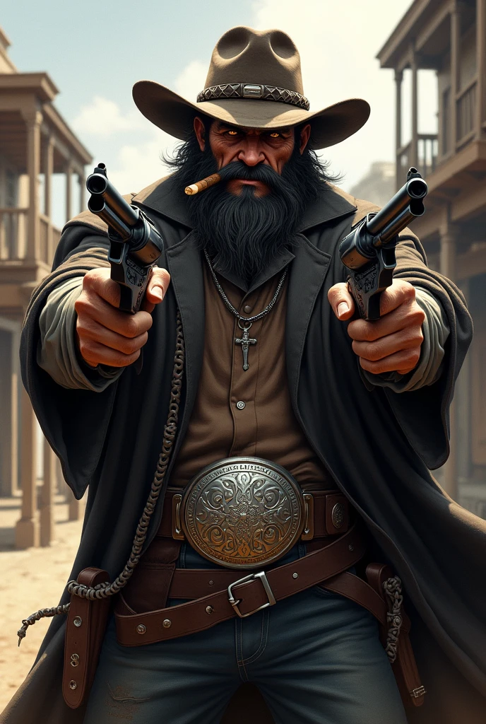 Cowboy, dégaine ses deux revolver avec un cigare en bouche, visage agressif, il porte un chapeau brun foncé en cuir, il porte un poncho, il porte une cartouchière remplie de munitions, sa tenue est sombre, arrière plant vielle ville far west, il porte une ceinture en argent, il a une grosse barbe et une cicatrice sur son nez