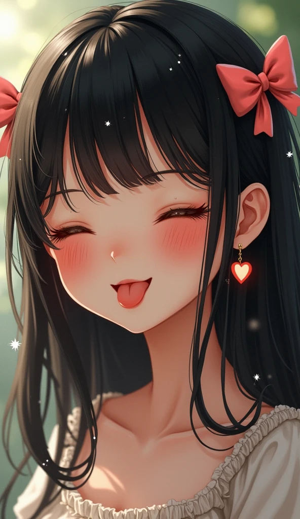 1 girl, High resolution, Smile, black hair, Very long hair, Close eyes, stick out tongue, blur background, best quality, masterpiece, detail, Textured skin, Ultra HD, Chest, heart shaped earrings, Blushing, Smile, shy, Wide-angle lens, bow hair accessories, sparkle effect, Outdoor sketching, hyper-realistic, Realism, 